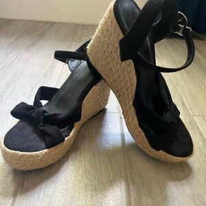 Black & Raffia Espadrille Wedge Sandals with Bow